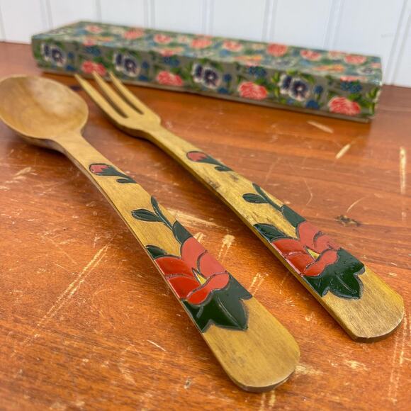 Vtg Hand Painted Wood Spoon and Fork Serving Set Hibiscus Flowers Made in Japan - Picture 3 of 10